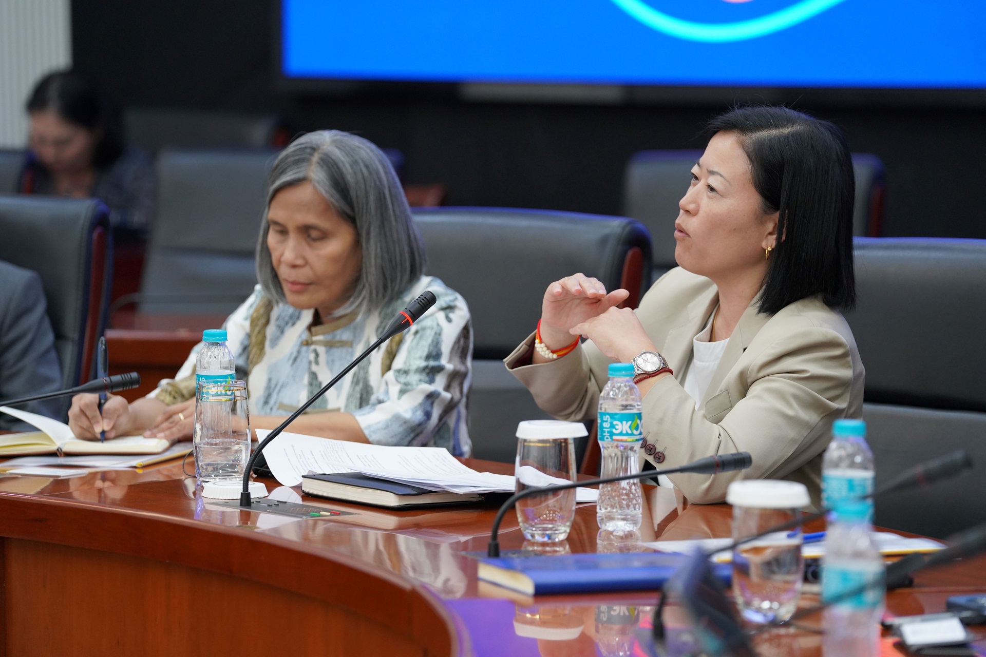 Two participants at a conference table; one gestures while speaking, another writes.