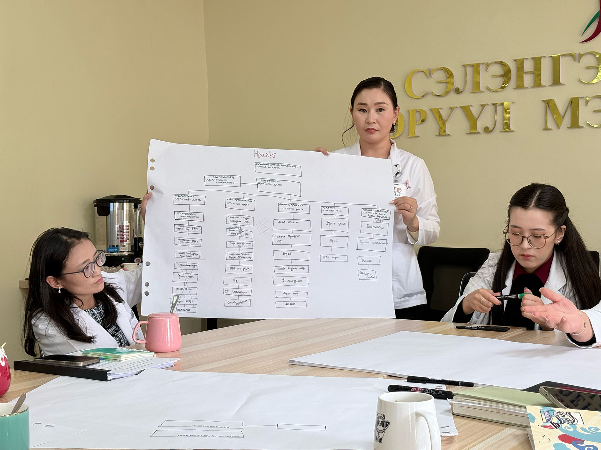 Participants at a Mongolia training on strengthening its public health emergency operations centre hold up a poster during an interactive session