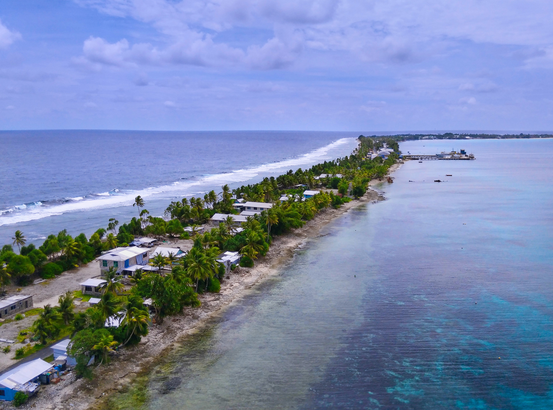 Aerial view of the shorelines nearing the main road in Tuvalu
