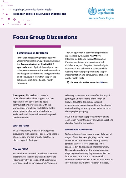 Applying communication for health: research tools: focus group discussions