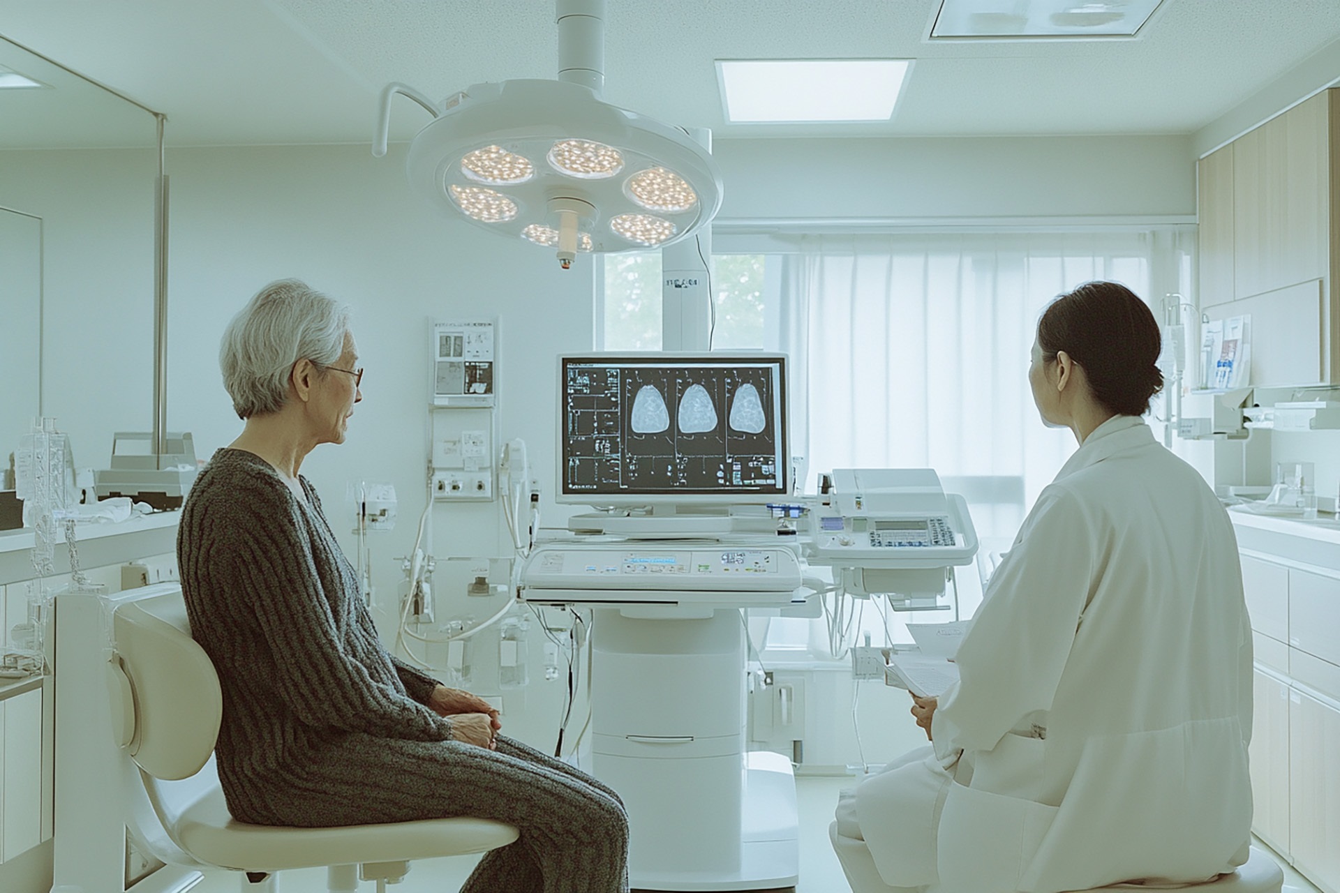 Elderly patient and doctor in front of a monitor