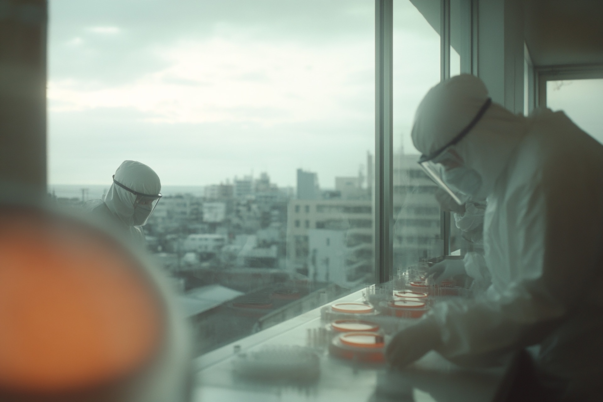 Person in protective suit looking at samples