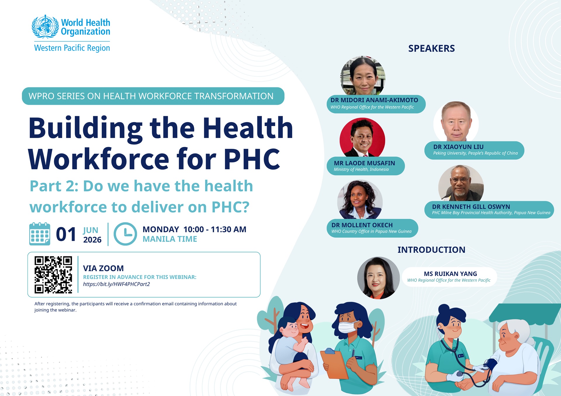 WHO Western Pacific webinar poster: Building Health Workforce for PHC. Part 2, 1 June 2026, 10:00–11:30 Manila, via Zoom QR code.