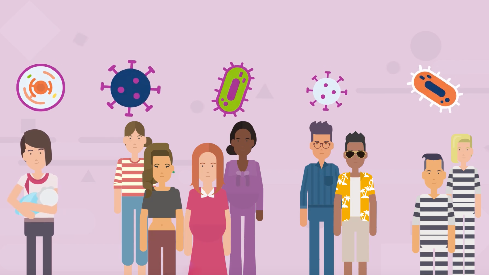 Illustration depicting a diverse group of individuals standing in line, each representing various types of viruses.