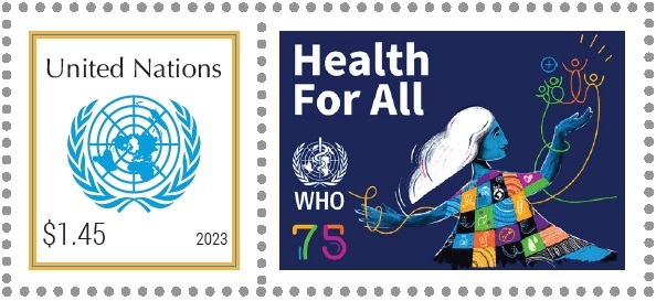 UN Stamp WHO75 Health For All Image of a UN stamp of WHO's 75th anniversary "WHO 75: Health For All".