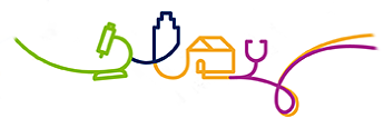 WHO75 health system icon Icon of coloured lines forming the shapes of microscope, hospital and stethoscope.