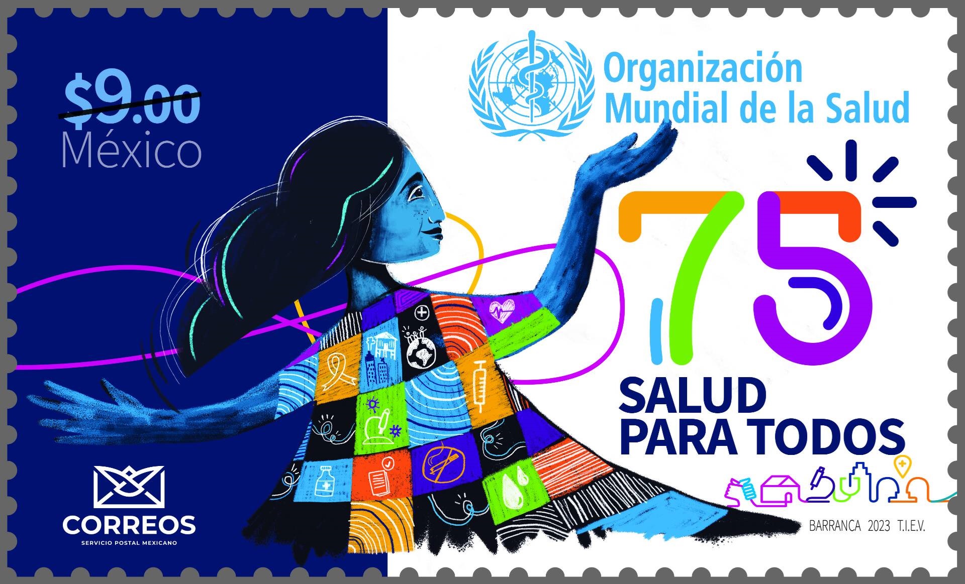 WHO75 stamp Mexico A commemorative stamp showing an illustration of mother health portraited as a woman holding her arms up in the air
