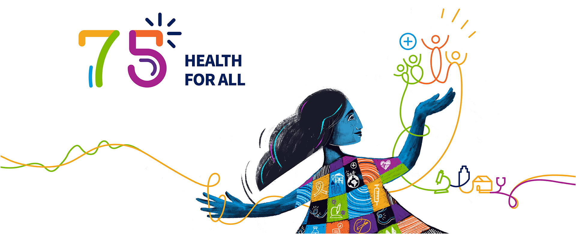 Lead banner for WHO 75th anniversary - illustration of a woman