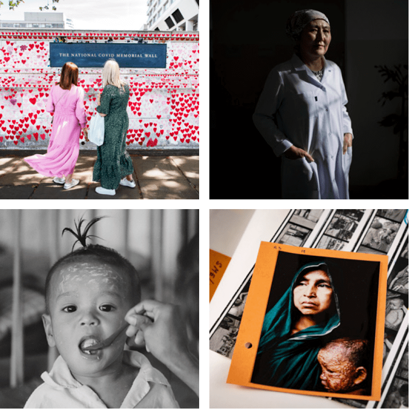 Quatre carrés d’images dans un collage représentant des femmes et des enfants dans différents contextes et situations