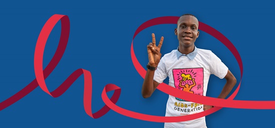Web banner of a young man doing the victory sign and a red ribbon swirling around him.