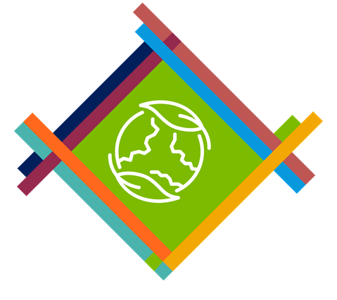 Mat design of different colours with a green centre which contains an illustration of two hands holding the earth. The hands also appear like leaves.