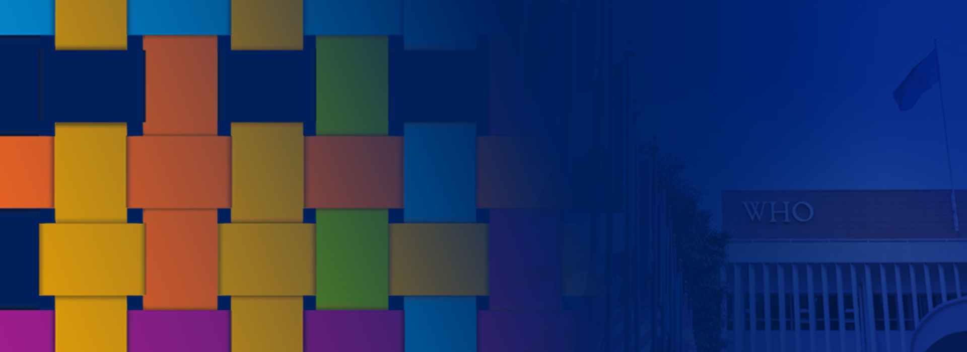 Dark blue background with a woven mat of different colours on the left side of the banner image
