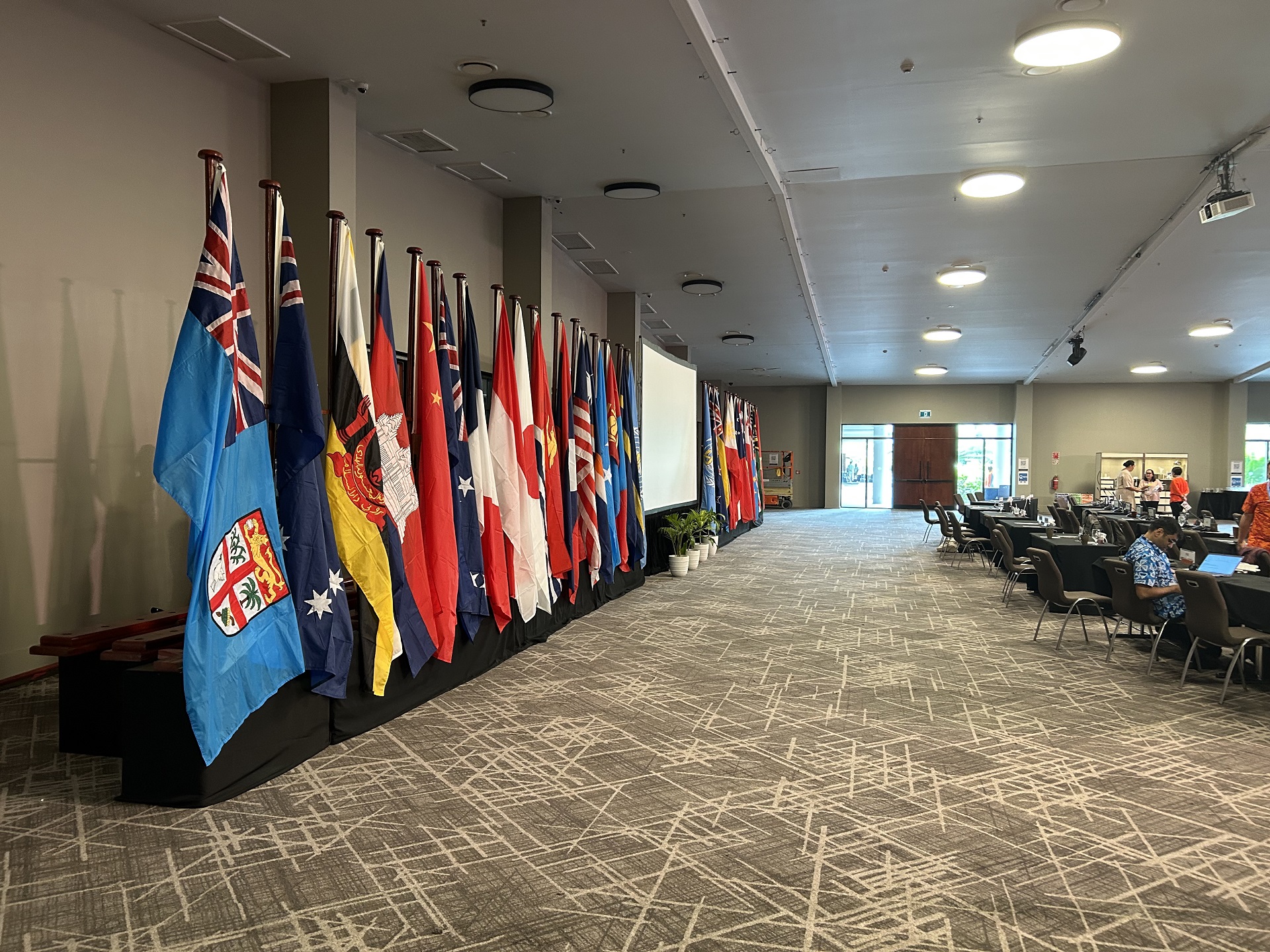 A row of flags at the Regional Committee meeting venue in Nadi, Fiji