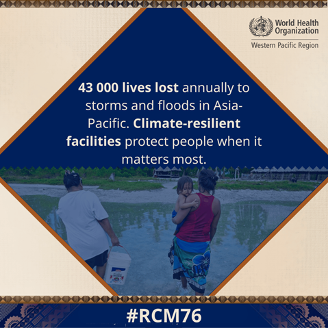 A woman carrying a baby and another woman wade through water. Text on lives lost annually due to storms and floods