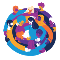 Invest visual Illustration of people forming a spiraling circle, holding each other and smiling.