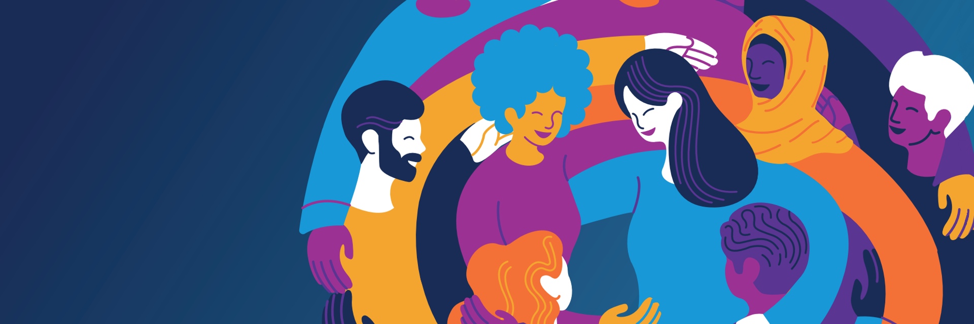 Investment Case 2023 banner Illustration of people in blue, purple and orange colour shades, holding each other's shoulders and forming a spiraling circle.