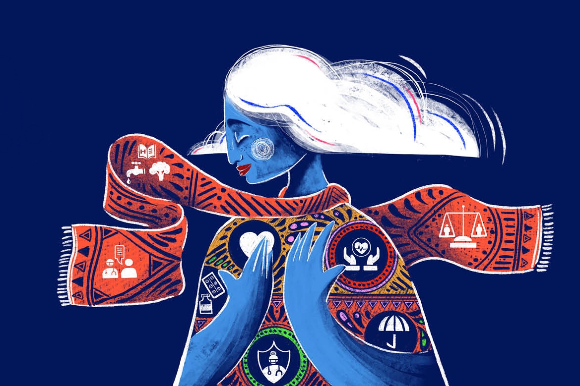 Illustration showing Mother Health depict as a lady with wavy hair flowing in the air, with a red scarf wrapped around her neck and symbols on her clothing.