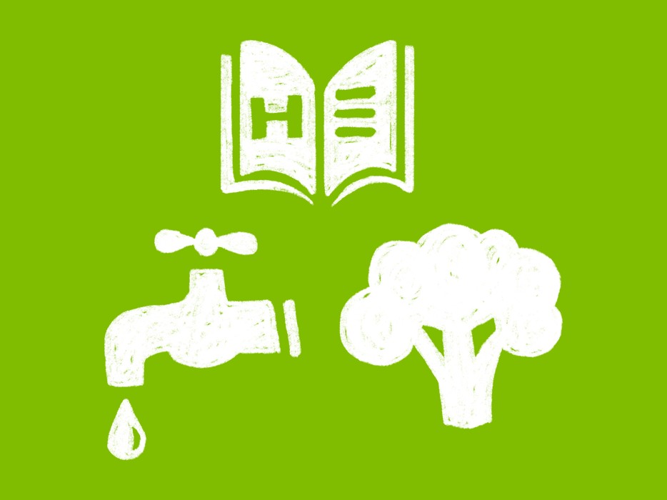 Illustration of three icons: a book with a hospital sign, a water tap and a broccoli, on a green backround.