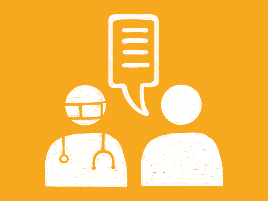 WHD24 Orange Icon Illustration of two people figures symbolizing the conversation between a doctor and patient, on an orange background.
