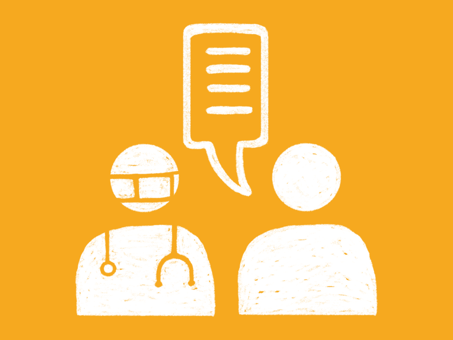 Illustration of two people figures symbolizing the conversation between a doctor and patient, on an orange background.