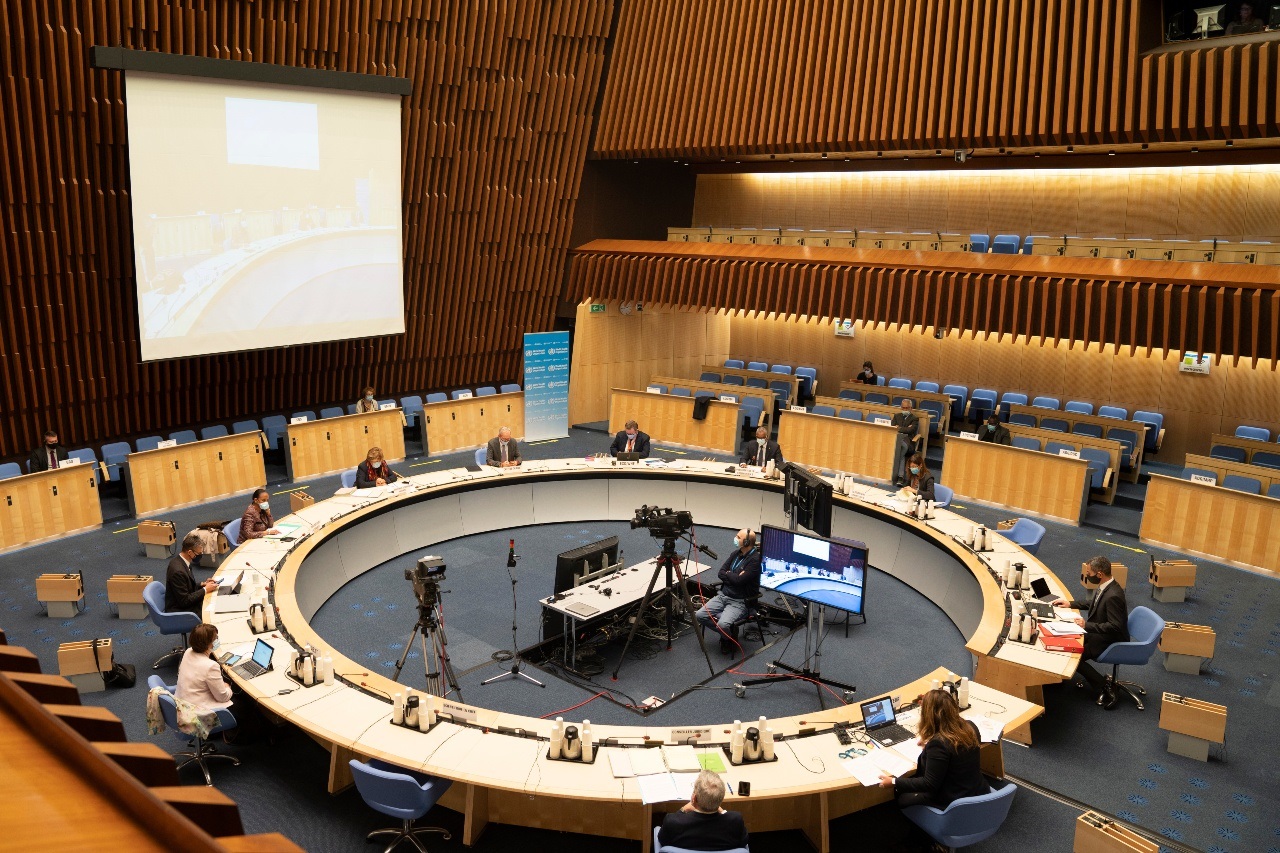 Executive Board Room in WHO Headquarters, Geneva, during the resumed Seventy-third World Health Assembly