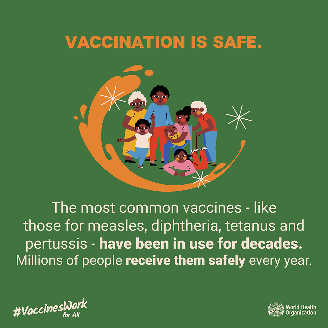 Social media tile: "Vaccine is safe. The most common vaccines - like those for measles, diphtheria, tetanus and pertussis - have been in use for decades. Millions of people receive them safely every year." #VaccinesWork for All