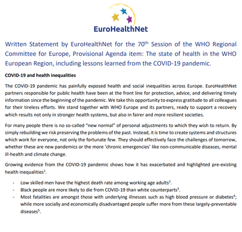 Written Statement by EuroHealthNet for the 70th Session of the WHO Regional Committee for Europe, Provisional Agenda item: The state of health in the WHO European Region, including lessons learned from the COVID-19 pandemic