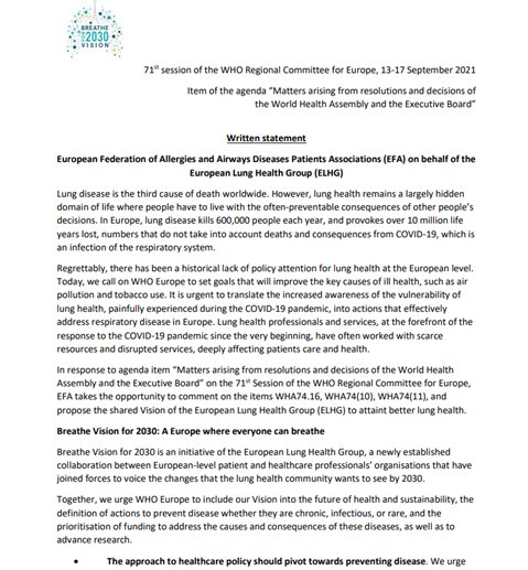 “Matters arising from resolutions and decisions of the World Health Assembly and the Executive Board” Written statement European Federation of Allergies and Airways Diseases Patients Associations (EFA) on behalf of the European Lung Health Group (ELHG)
