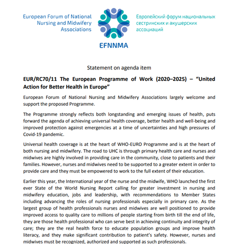 European Forum of National Nursing and Midwifery Associations Statement on agenda item EUR/RC70/11 The European Programme of Work (2020–2025) – “United Action for Better Health in Europe”