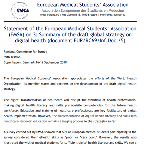 Statement of the European Medical Students’ Association(EMSA) on 3: Summary of the draft global strategy on digital health (document EUR/RC69/Inf.Doc./5)