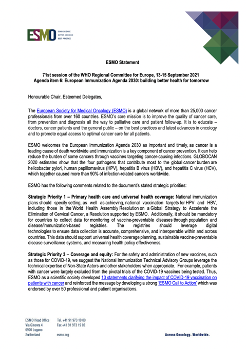 ESMO Statement 71st session of the WHO Regional Committee for Europe, 13-15 September 2021 Agenda item 6: European Immunization Agenda 2030: building better health for tomorrow