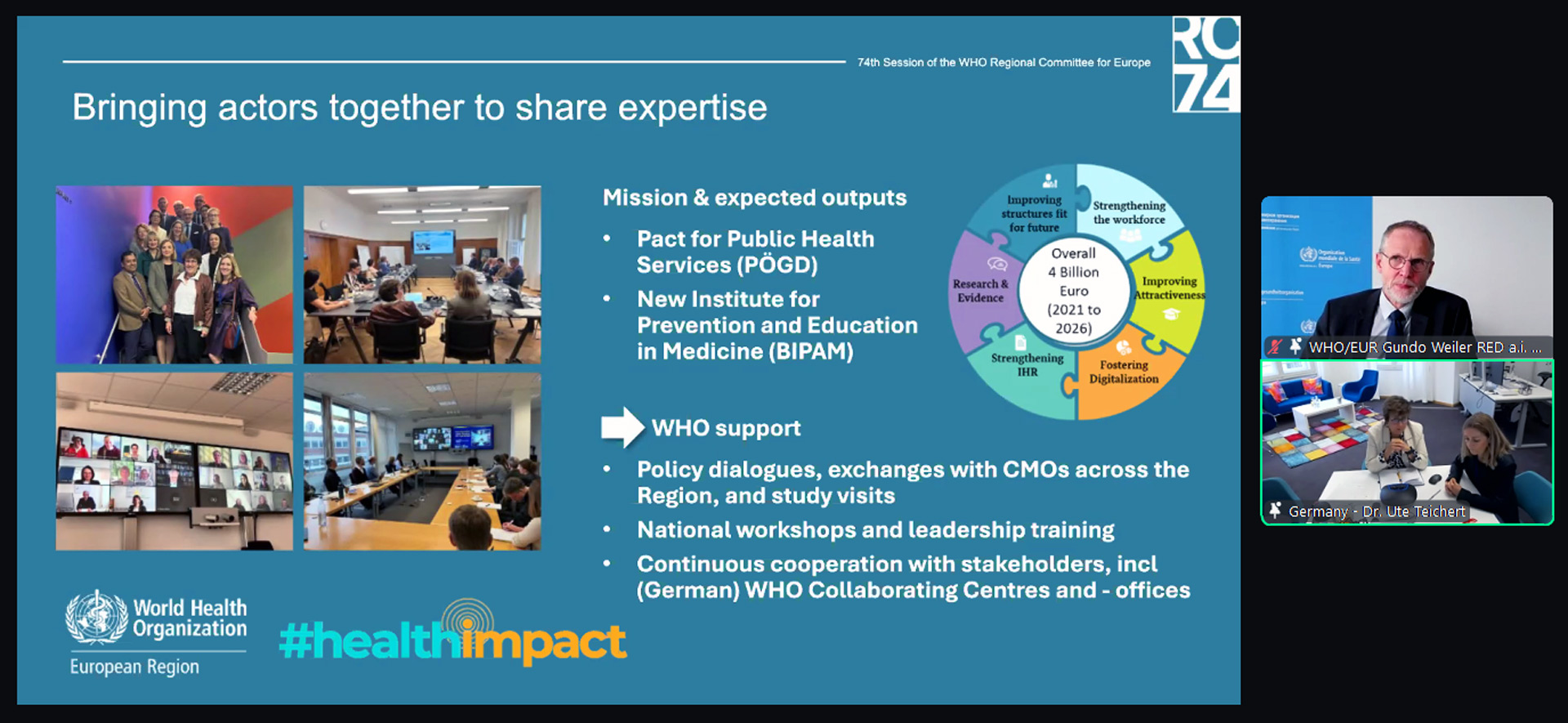 Screenshot from an online WHO seminar event, with visual presentation.