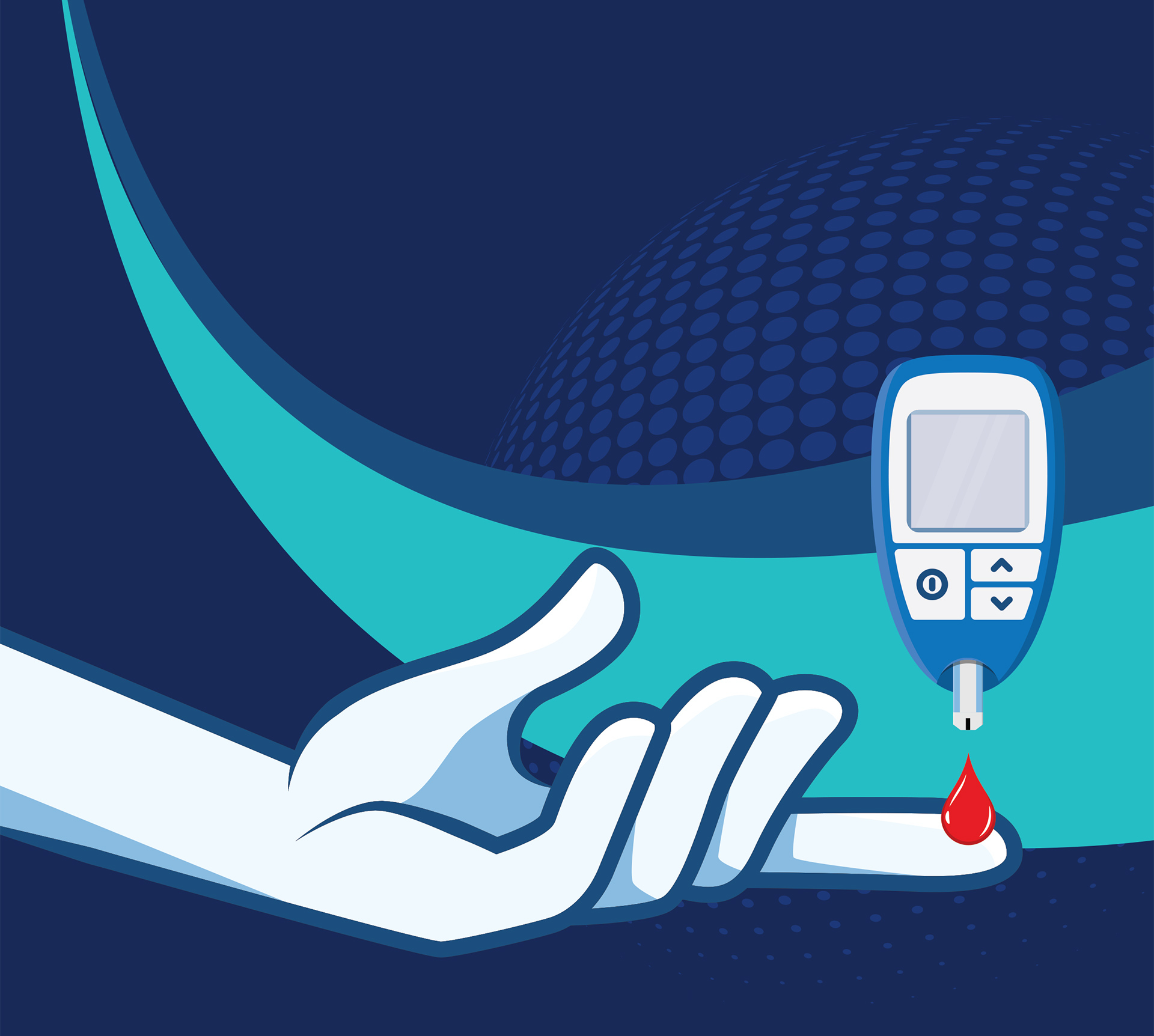 Graphic of a hand, with outstretched finger undergoing a diabetes test.