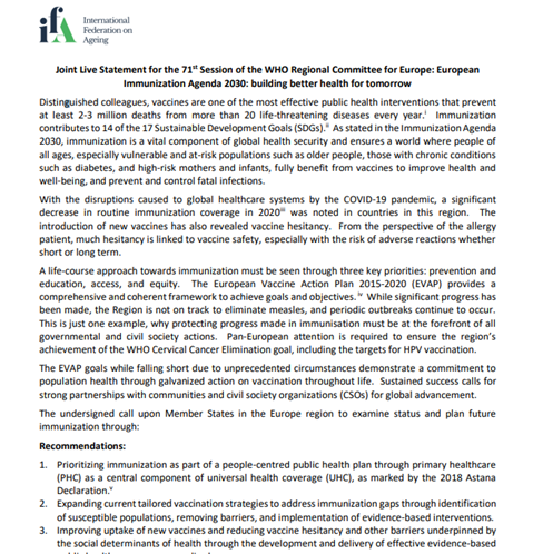 Joint Live Statement for the 71st Session of the WHO Regional Committee for Europe: European Immunization Agenda 2030: building better health for tomorrow