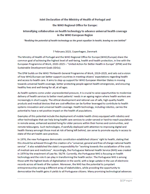 Joint Declaration of the Ministry of Health of Portugal and the WHO Regional Office for Europe: Intensifying collaboration on health technology to advance universal health coverage in the WHO European Region