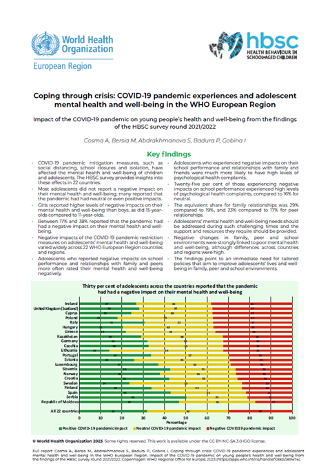 HBSC survey round 2021/2022 - Coping through crisis: COVID-19 pandemic experiences and adolescent mental health and well-being in the WHO European Region. Key findings