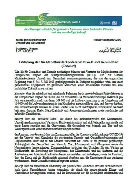 Erklärung der Siebten Ministerkonferenz Umwelt und Gesundheit (Entwurf)