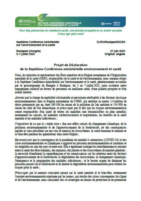 Projet de Déclaration de la Septième Conférence ministérielle environnement et santé