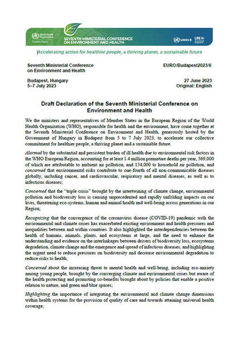 Draft Declaration of the Seventh Ministerial Conference on Environment and Health