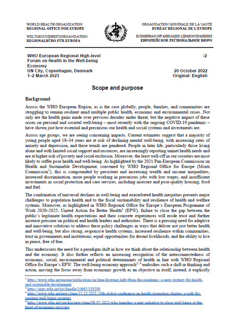 WHO European Regional High-level Forum on Health in the Well-being Economy (Copenhagen, Denmark, 1–2 March 2023) - Scope and purpose