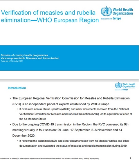 Verification of measles and rubella elimination in the WHO European Region - Data as of 30 July 2021