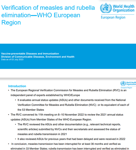 Verification of measles and rubella elimination in the WHO European Region - Data as of 03 July 2023