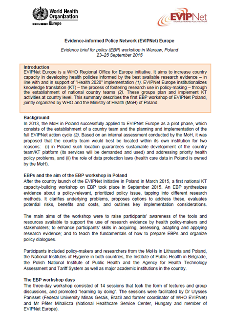 Evidence-informed Policy Network (EVIPNet) Europe: Evidence brief for policy (EBP) workshop in Warsaw, Poland 23–25 September 2015