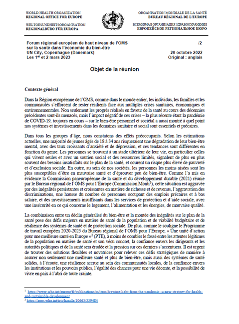Forum régional européen de haut niveau de l’OMS sur la santé dans l’économie du bien-être (Copenhague, Danemark, 1-2 mars 2023) - Objet de la réunion