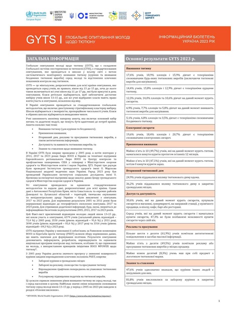 GYTS Глобальне Опитування Молоді Щодо Тютюну інформаційний бюлетень Україна 2023 рік