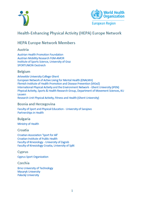 Health-Enhancing Physical Activity (HEPA) Europe Network - Members