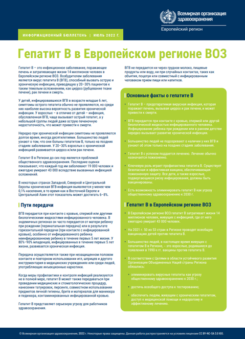 Гепатит B в Европейском регионе ВОЗ - ИНФОРМАЦИОННЫЙ БЮЛЛЕТЕНЬ | ИЮЛЬ 2022 Г.