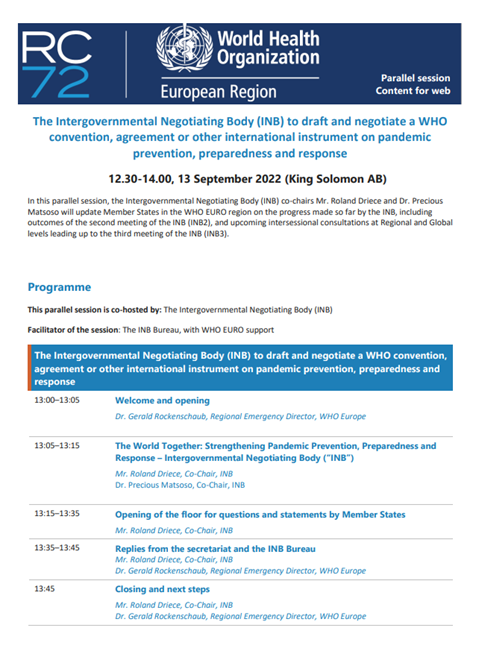 Programme - RC72 Parallel Session 6: Intergovernmental Negotiating Body (INB) to draft and negotiate a WHO convention, agreement or other international instrument on pandemic prevention, preparedness and response (13 September 2022, 12:30-14:00 IDT)