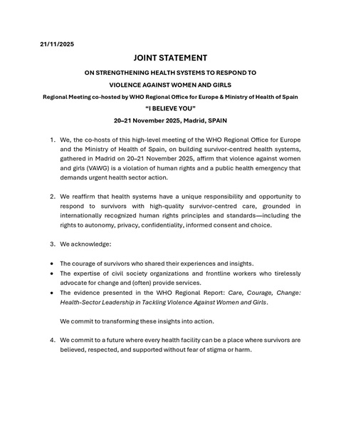Joint Statement on strengthening health systems to respond to violence against women and girls