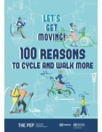 Illustrated brochure cover titled “Let’s Get Moving! 100 Reasons to Cycle and Walk More,” featuring people walking, cycling, and rollerblading in a vibrant urban setting
